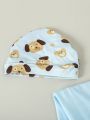 SHEIN Baby Boy 5pcs/Set Romper, Stripe Pants, Hat, Bib, Swaddle Blanket Gift Set