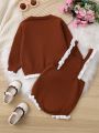 Baby Girls' 3d Flower Button Up Cardigan Sweater And Overall Clothes Set