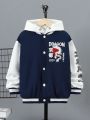 SHEIN Kids EVRYDAY Tween Boy Japanese Letter & Chinese Dragon Graphic Two Tone Varsity Jacket Without Hoodie