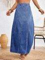 SHEIN VCAY Women'S Water Washed Casual Comfortable Denim Skirt