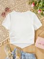 Teen Girls' Solid Color Side Drawstring Folding Short Sleeve T-Shirt