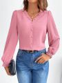 SHEIN Frenchy Women'S Lantern Sleeve Shirt With Splicing Frill Trim