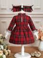 Baby Girl Tartan Print Contrast Lace Ruffle Trim Flounce Sleeve Bow Front Dress & Headband