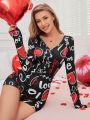 Women's Milk Silk One-Piece Pajamas With Heart-Shaped & Letter Print
