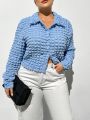 SHEIN Essnce Plus Size Women's Fashion Casual Spring And Summer Women's Clothing New Design Textured Fabric Blue Women's Long Sleeve Button-Up Shirt Top