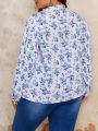 SHEIN Frenchy Plus Size Full Floral Print Blouse With Ruffled Neckline, Tie And Lantern Sleeves