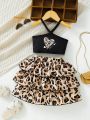 Young Girl 2pcs Black Leopard Prints Heart-Shaped Tank Top + Leopard Prints Skirt For Spring/Summer