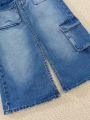 Tween Girls' New Arrival Casual & Fashionable Workwear Style High-Slit Denim Skirt With Washing Effect