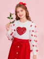 SHEIN Kids FANZEY Girls' Knitted Stand Collar Patchwork Top & Woven Mesh Skirt Set (matched With Sibling Outfits) (2 Sets Sold Separately)