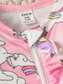 Baby Girls' Unicorn Print Flounce Sleeve Romper With Headband Set