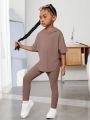 SHEIN Kids Cooltwn Young Girl Drop Shoulder Hooded Tee & Leggings