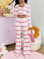 SHEIN Qutie Ladies' Multi-color Striped Three-piece Set