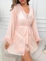 Fuzzy Trim Belted Robe & Cami Dress PJ Set