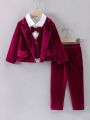 SHEIN Kids Academe Young Boy Flap Detail Long Sleeve Velvet Blazer With Trousers And Long Sleeve Shirt With Bow Tie Jacket Without Waistcoat