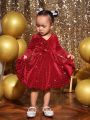 SHEIN Baby Girl 1pc Velvet Wrap Neckline Long Sleeve Belted Dress