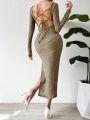 SHEIN Privé Plain Textured Backless Halter Neck High Slit Dress