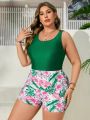 SHEIN Swim Vcay Tropical Plant Printed Plus Size One-piece Swimsuit