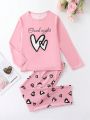 Girls' Love Heart & Letter Printed Long Sleeve Top And Long Pants Set, Home Wear