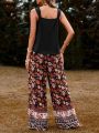 SHEIN VCAY Women'S Solid Color Camisole Top With Flower Print Pants 2pcs/Set