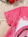1pc Tween Girls' Rainbow Heart Print Valentine's Day T-Shirt With Slogan