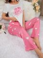 Women'S Letter & Heart Printed Pajama Set