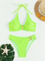 SHEIN Swim Basics Fluorescent Green Two-Piece Swimsuit Set