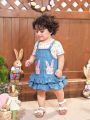 SHEIN Baby Girl's Cute Denim Style Ruffle Hem Overall Skirt With Cartoon Pattern Short Sleeve Top Outfit