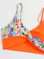 Tween Girl Plant Print Twisted Detail Bikini Set + Knotted Side Swim Skirt Set, 3pcs
