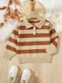 Boys' Casual Striped Contrast Color Turn-down Collar Sweater, Suitable For School And Leisure