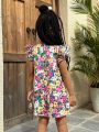 SHEIN Kids Cooltwn Little Girls' Casual Woven Solid Color Short Sleeves Dress With A-Line Silhouette For Holiday