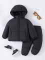 SHEIN Unisex Baby Winter Thick Hooded Coat And Pants Set, Black