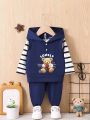 Baby Boys' Cute Bear Pattern Hooded Vest Top, Tee And Pants 3pc Outfit Set