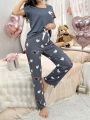 Colorful Heart Pattern Printed Short Sleeve Top And Pants Pajamas Set