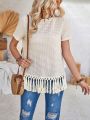 EMERY ROSE Women's Solid Color Waffle Fringed Tassel Crew Neck T-Shirt