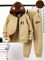 SHEIN Kids EVRYDAY Tween Boy Letter Graphic 3D Ears Design Thermal Lined Hooded Jacket & Pullover & Sweatpants