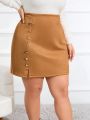 SHEIN Essnce Plus Size Women'S Elegant Fitted Button-Up Faux Pu Midi Skirt