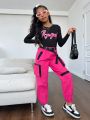 SHEIN Kids Cooltwn Tween Girl Letter Graphic Tee & Flap Pocket Buckle Belted Cargo Pants