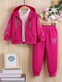 SHEIN Kids QTFun Little Girls' Spring Autumn Casual Butterfly Pattern Sporty Hoodie And Pants Set With Rhinestones