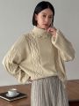 FRIFUL Women'S Solid Color High Neck Cable Knit Sweater With Drop Shoulder Sleeves