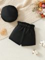 Baby Girl Faux Leather Craft Matching With Leather Buckle Strap Shorts And Cap