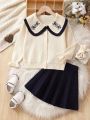 Little Girls' Floral Embroidered Doll Collar Sweater And Pleated Skirt Outfit