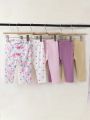 5pcs/Set Baby Girls' Spring And Autumn New Casual Comfortable Wide-Legged Flower & Heart Printed Elastic Waist Pants Outfits