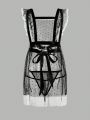 ROMWE Goth Frill Trim Mesh Non-Wire Sundress + Thong Sexy Lingerie Set