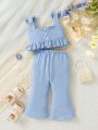 Baby Girl Fresh Soft Comfortable Light Blue Set With Bow Decoration, Flounce Hem Wide Strap Top And Pants, Cute And Trendy Outfits