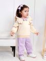 SHEIN Baby Girls' Leisure Cute Bowknot & Flouncing Detail Long Sleeve Sweatshirt And Long Pants Set