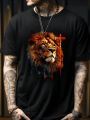 Men's Plus Size Lion And Cross Printed Short Sleeve T-Shirt