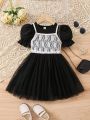 SHEIN Kids FANZEY Young Girl's Lace Camisole Top And Short Puff Sleeve Mesh Dress 2pcs/Set