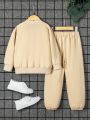 SHEIN Boys' Two-Piece Baseball Jacket And Trousers Set With Flap Pockets And Front Zipper