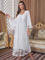 Butterfly & Floral Embroidery Lace Trim Sleep Robe & Cami Nightdress