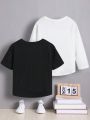 SHEIN Kids EVRYDAY Toddler Boys' Comfortable Casual 2pcs/set Knitted Short Sleeve Top And Long Sleeve Top With English Letter Detail